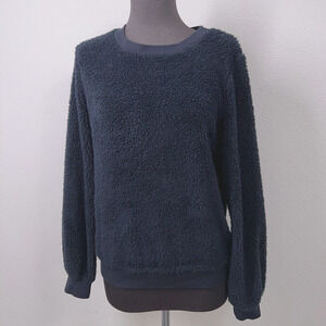 Beyond Yoga Sweater Women XS Blue Faux Fur Long Sleeve Pull Over Crew Neck